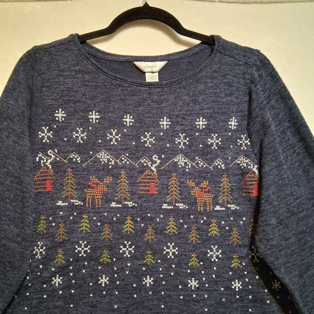 CJ Banks 1X Sweater Blue Lightweight Holiday Crosstitch Reindeer Snowflake